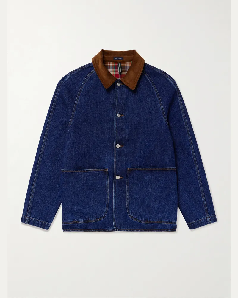 Drake's Arbeitsjacke aus Denim in Indigo-Färbung mit Cordbesatz Blau