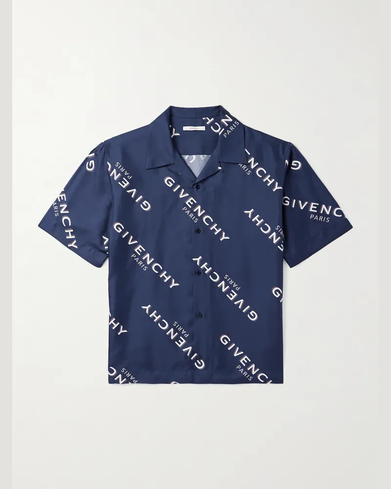Givenchy Convertible-Collar Logo-Print Silk-Twill Shirt Blue
