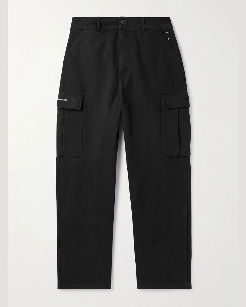 Pop Trading Company Weit geschnittene Cargohose aus Baumwoll-Canvas mit Logostickerei Schwarz