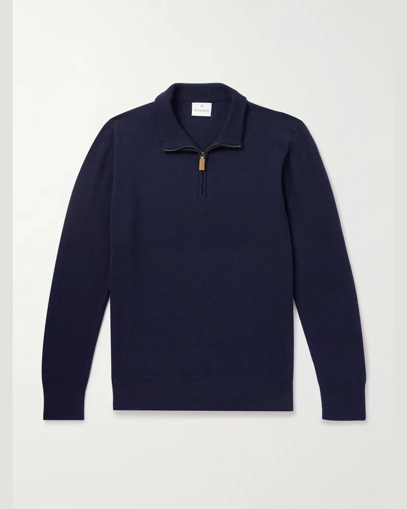 Kingsman Pullover aus einer Merinowoll-Kaschmirmischung mit kurzem Reißverschluss Blau