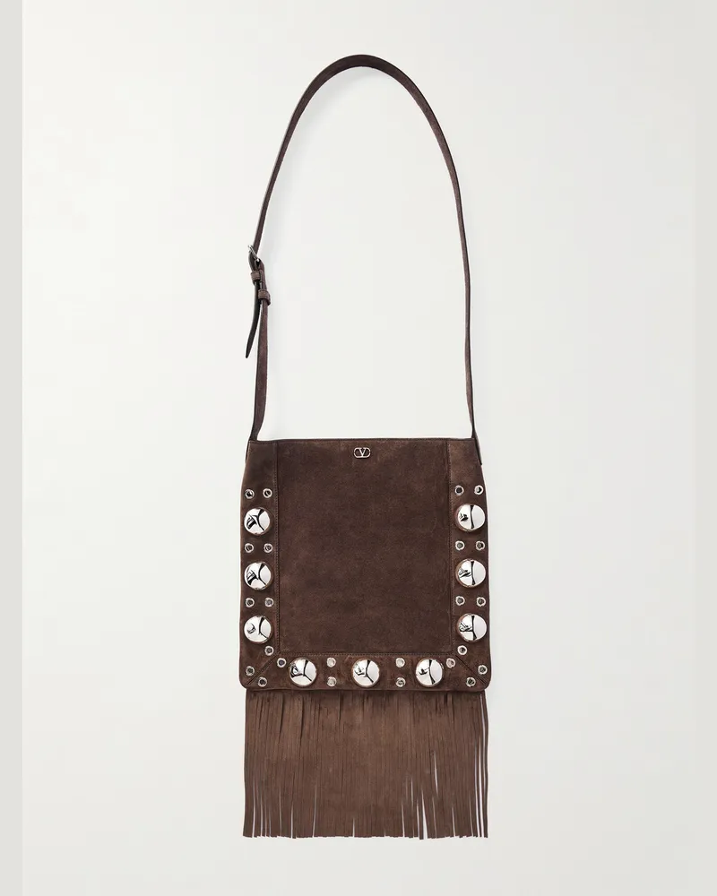 Valentino Garavani Schultertasche aus Veloursleder mit Fransen und Ösen Braun
