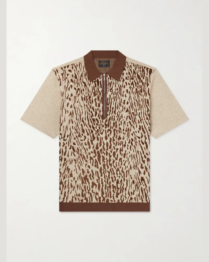 Beams Plus Leopard-Jacquard Cotton-Blend Half-Zip Polo Shirt Neutrals