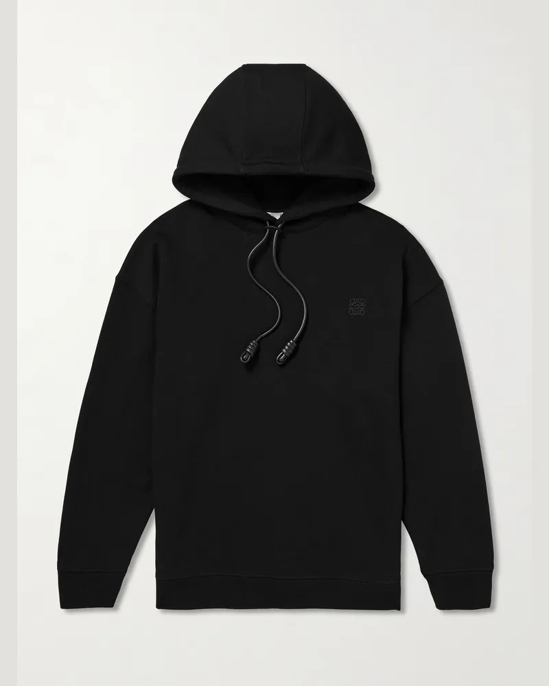 Loewe Logo-Embroidered Leather-Trimmed Cotton-Jersey Hoodie Black