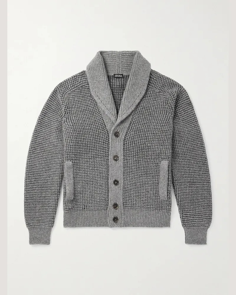 Ermenegildo Zegna Shawl-Collar Waffle-Knit Cashmere and Mohair-Blend Cardigan Gray