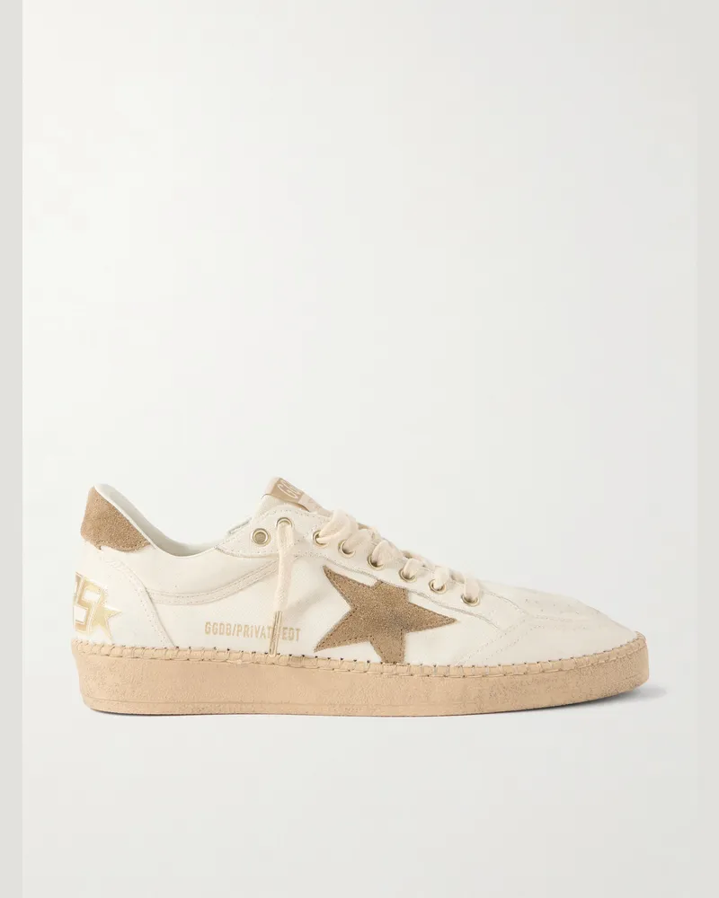 Golden Goose Ball Star Distressed Suede-Trimmed Canvas Sneakers Neutrals
