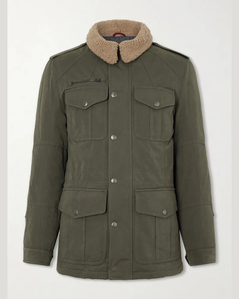 Brunello Cucinelli Shearling-Trimmed Padded Canvas Jacket Green