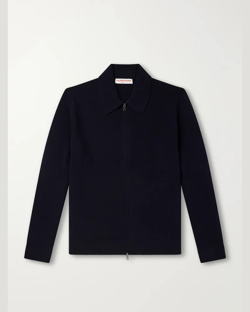 Orlebar Brown Shelby Ribbed Merino Wool Zip-Up Sweater Blue