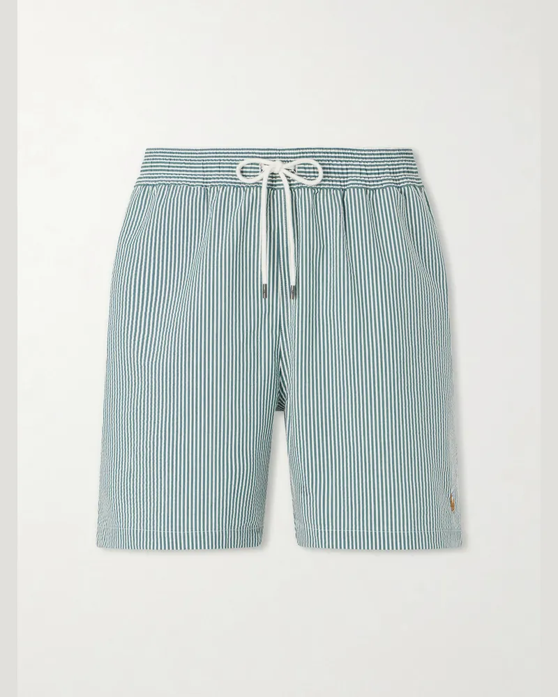 Ralph Lauren Traveler Striped Straight-Leg Mid-Length Cotton-Blend Seersucker Swim Shorts Green