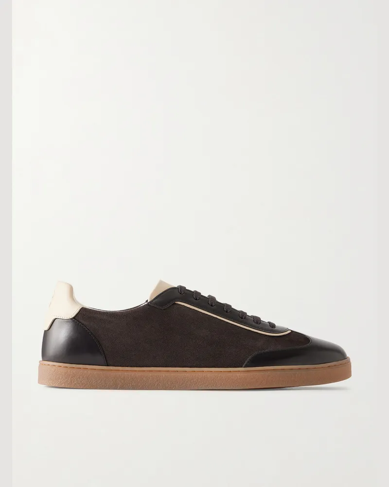 Brunello Cucinelli Leather-Trimmed Waxed Herringbone-Printed Suede Sneakers Brown