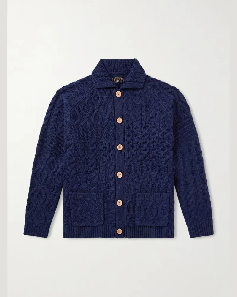 Beams Plus Alan Patchwork Cable-Knit Wool Cardigan Blue