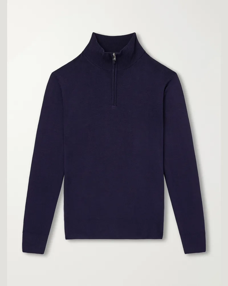 Canali Rib-Trimmed Wool Half-Zip Sweater Blue