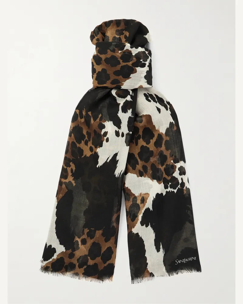 Saint Laurent Tuch aus Wolle mit Print und Fransen Schwarz