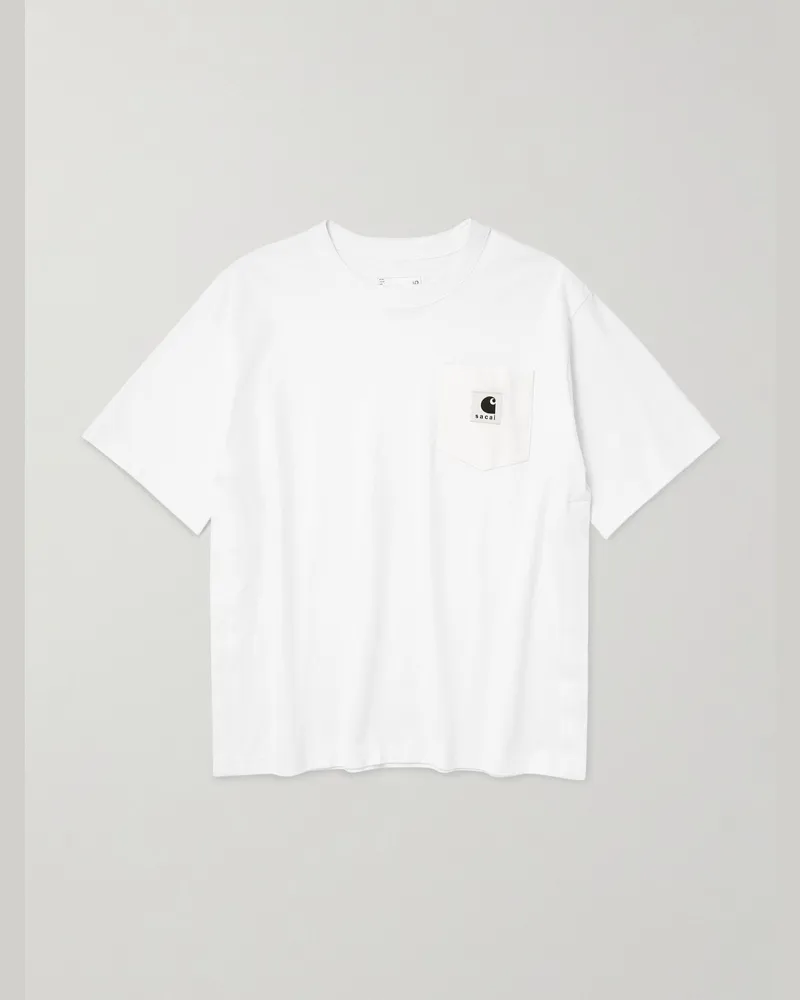 Sacai T-Shirt aus Baumwoll-Jersey mit Canvas-Besatz und Logoapplikation Weiß