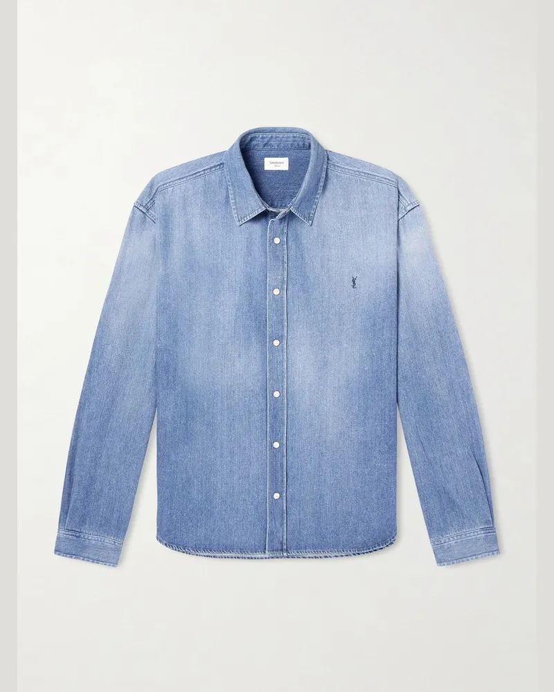 Saint Laurent Logo-Embroidered Denim Shirt Blue