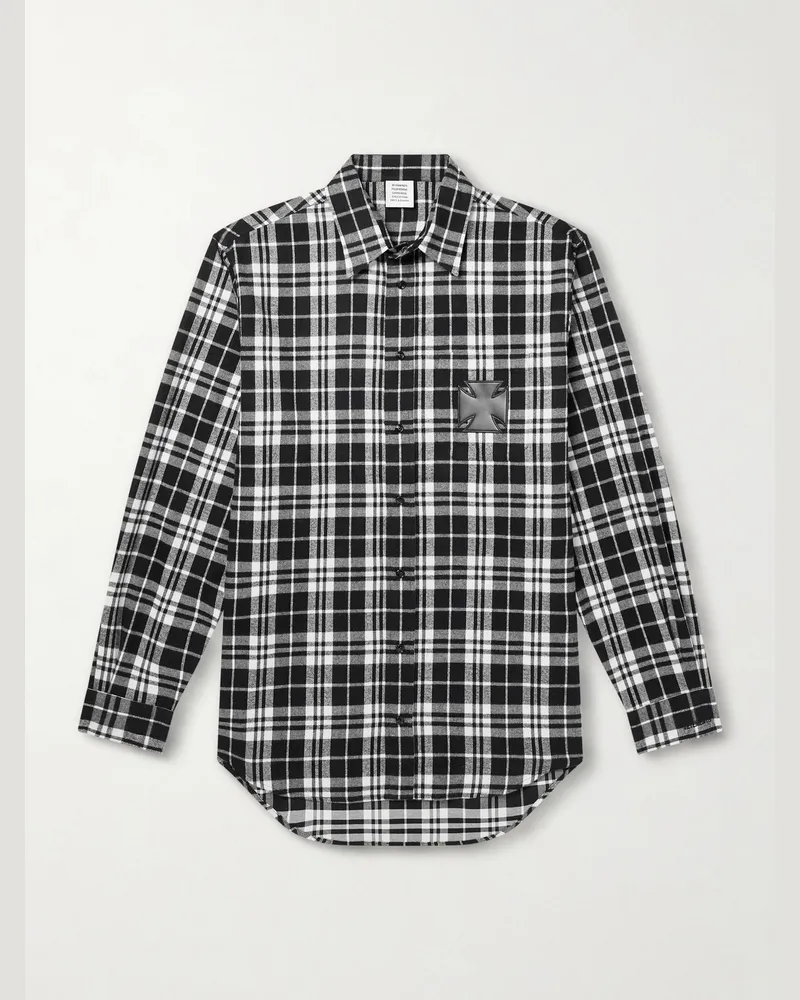 VETEMENTS Hemd aus kariertem Baumwollflanell mit Lederapplikation Schwarz