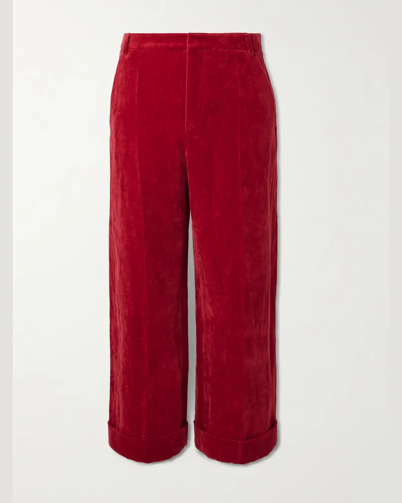 Valentino Garavani Flared Cotton and Linen-Blend Velvet Trousers Red