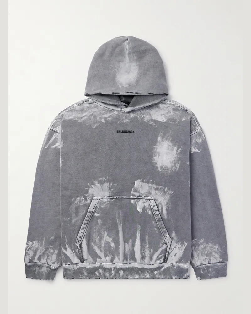 Balenciaga Logo-Print Distressed Paint-Splattered Cotton-Jersey Hoodie Gray