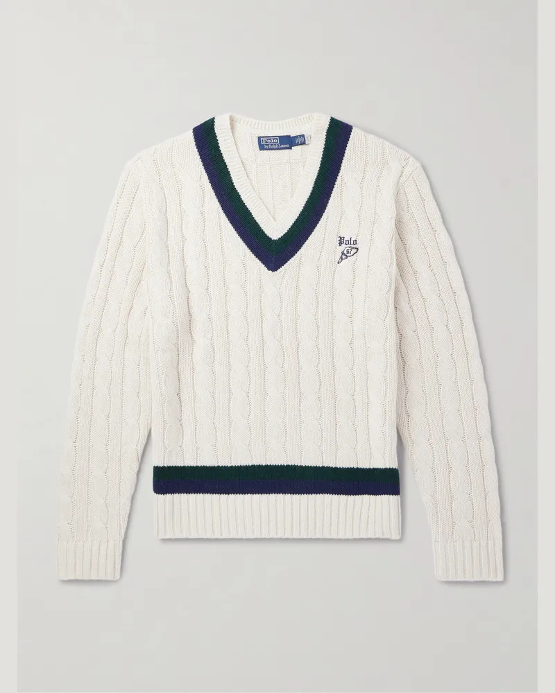 Ralph Lauren Striped Cable-Knit Cotton, Cashmere and Hemp-Blend Sweater Neutrals