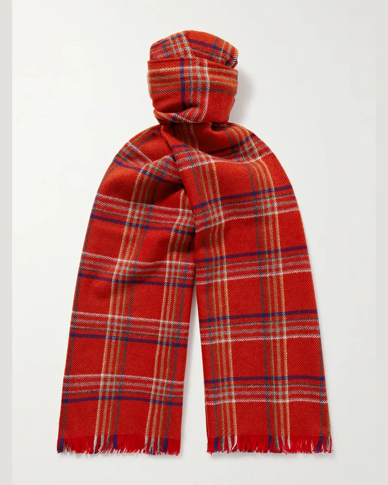 BODE Gable Checked Fringed Wool Scarf Red