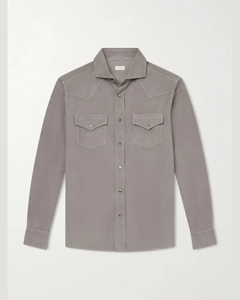 Brunello Cucinelli Cutaway-Collar Cotton-Corduroy Western Shirt Gray