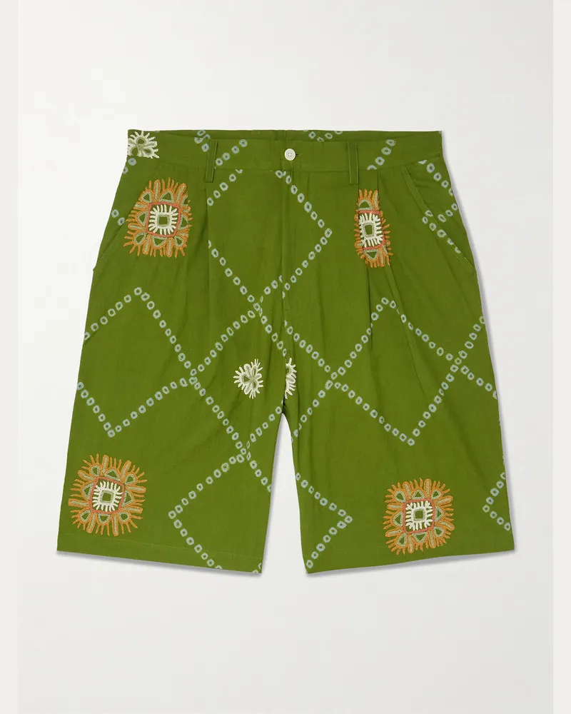 KARDO Straight-Leg Embroidered Printed Pleated Cotton Shorts Green