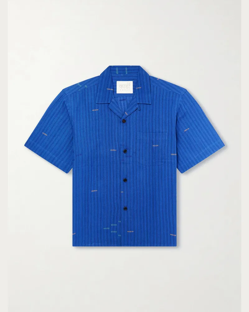 KARDO Ronald Convertible-Collar Embroidered Striped Cotton Shirt Blue