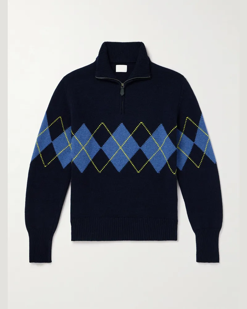 Kingsman Argylle Jacquard-Knit Wool Half-Zip Sweater Blue