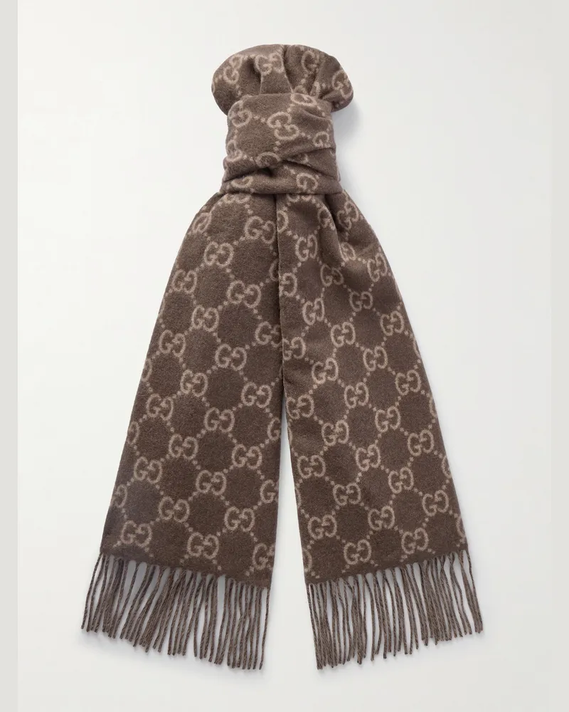 Gucci Schal aus Kaschmir-Jacquard mit Logomuster und Fransen Braun