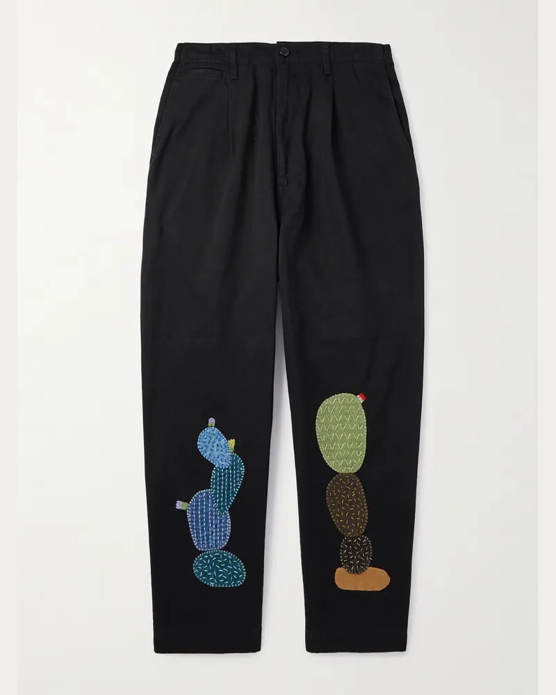 KAPITAL Nime Wide-Leg Appliquéd Cotton-Twill Trousers Black