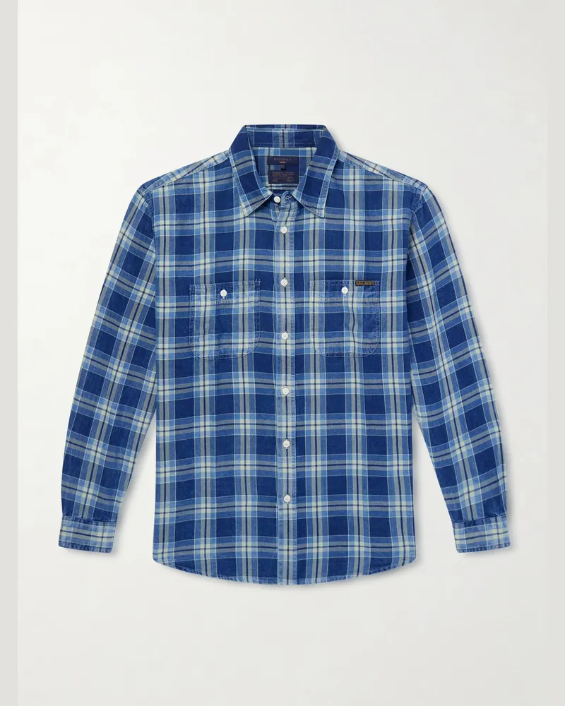 Nudie Jeans Julian kariertes Hemd aus Biobaumwolle Blau