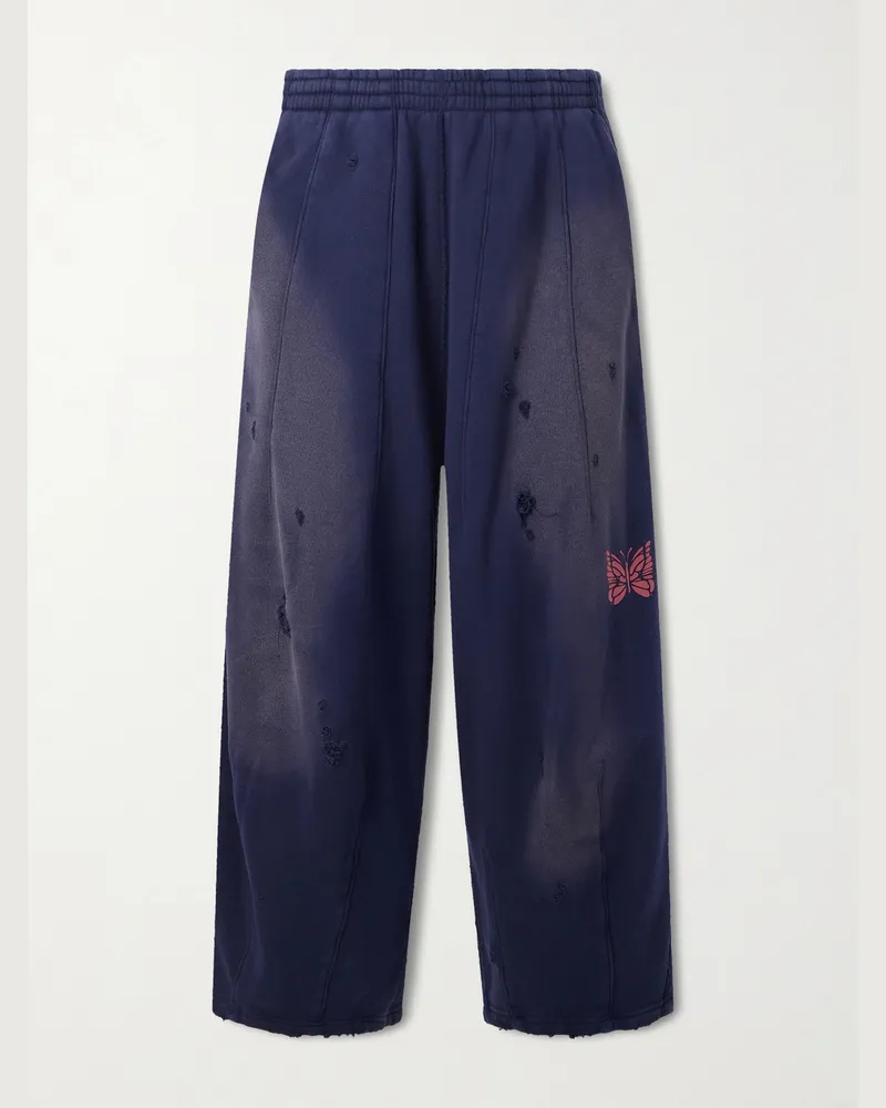 NEEDLES Deconstructed HD Wide-Leg Distressed Cotton-Jersey Sweatpants Blue