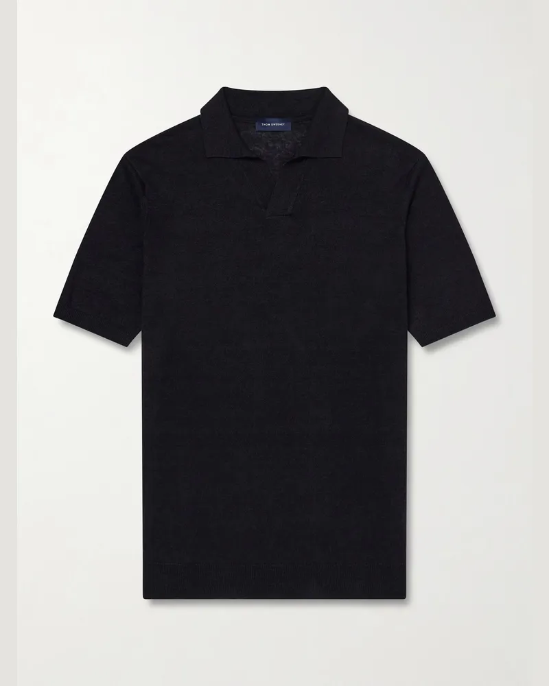 Thom Sweeney Linen and Cotton-Blend Polo Shirt Black