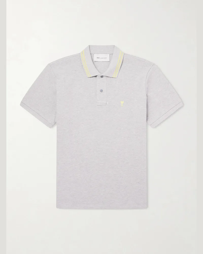 AMI Paris Logo-Embroidered Cotton-Jersey Polo Shirt Gray