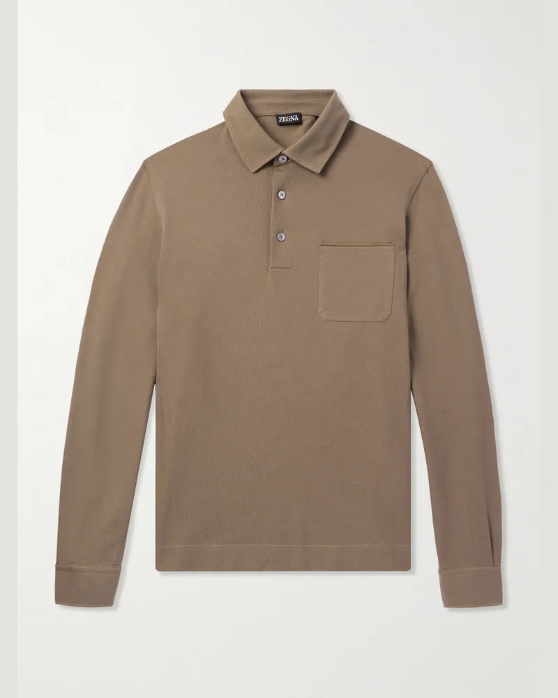 Ermenegildo Zegna Schmal geschnittenes Oberteil aus Baumwoll-Piqué mit Polokragen Braun