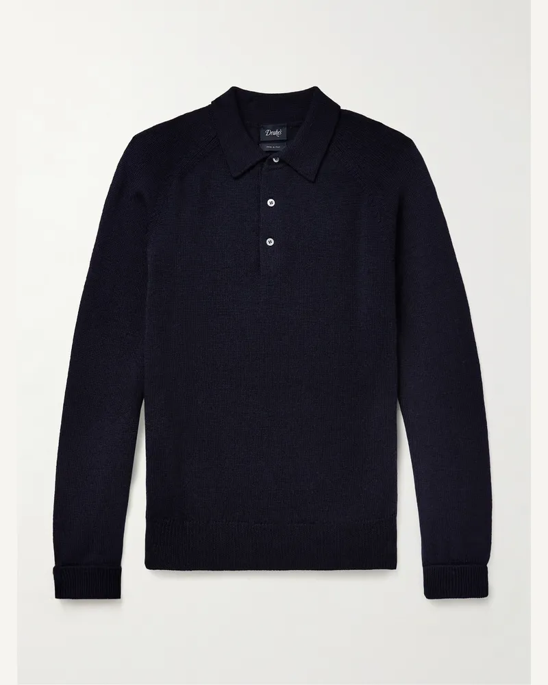 Drake's Merino Wool Polo Shirt Blue