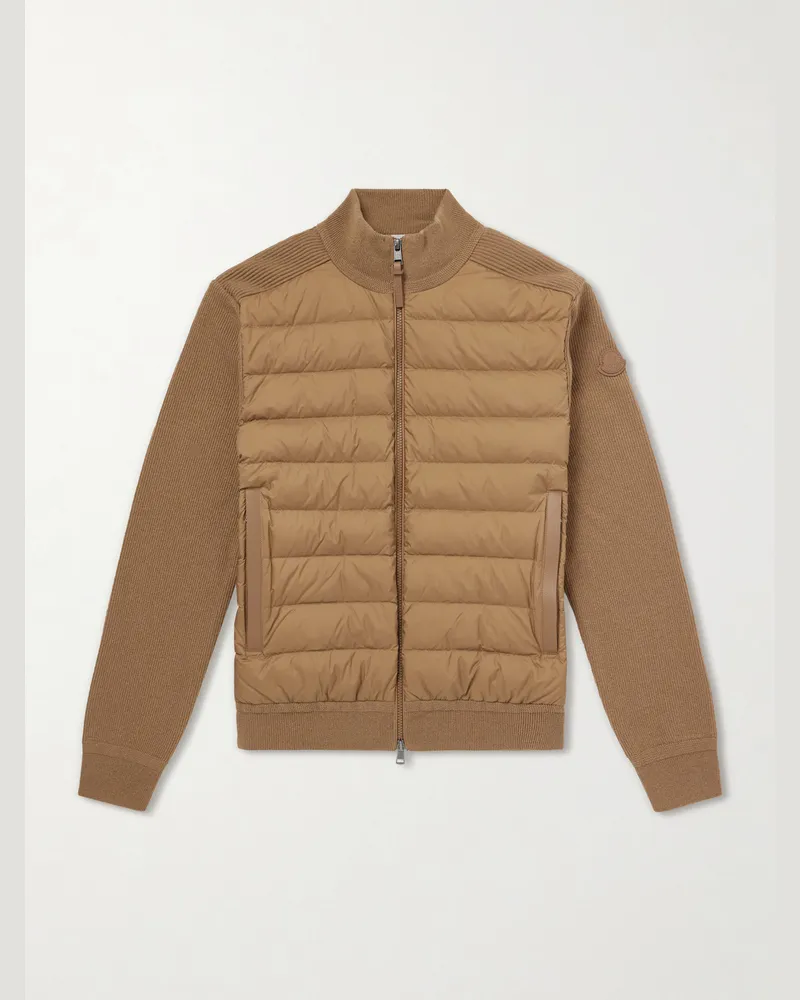 Moncler Logo-Appliquéd Wool-Blend and Quilted Shell Down Jacket Brown