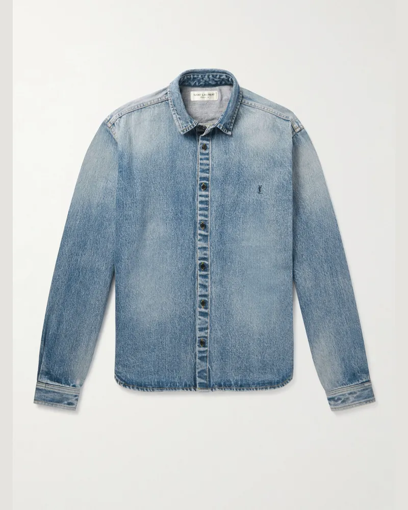 Saint Laurent Logo-Embroidered Denim Shirt Blue