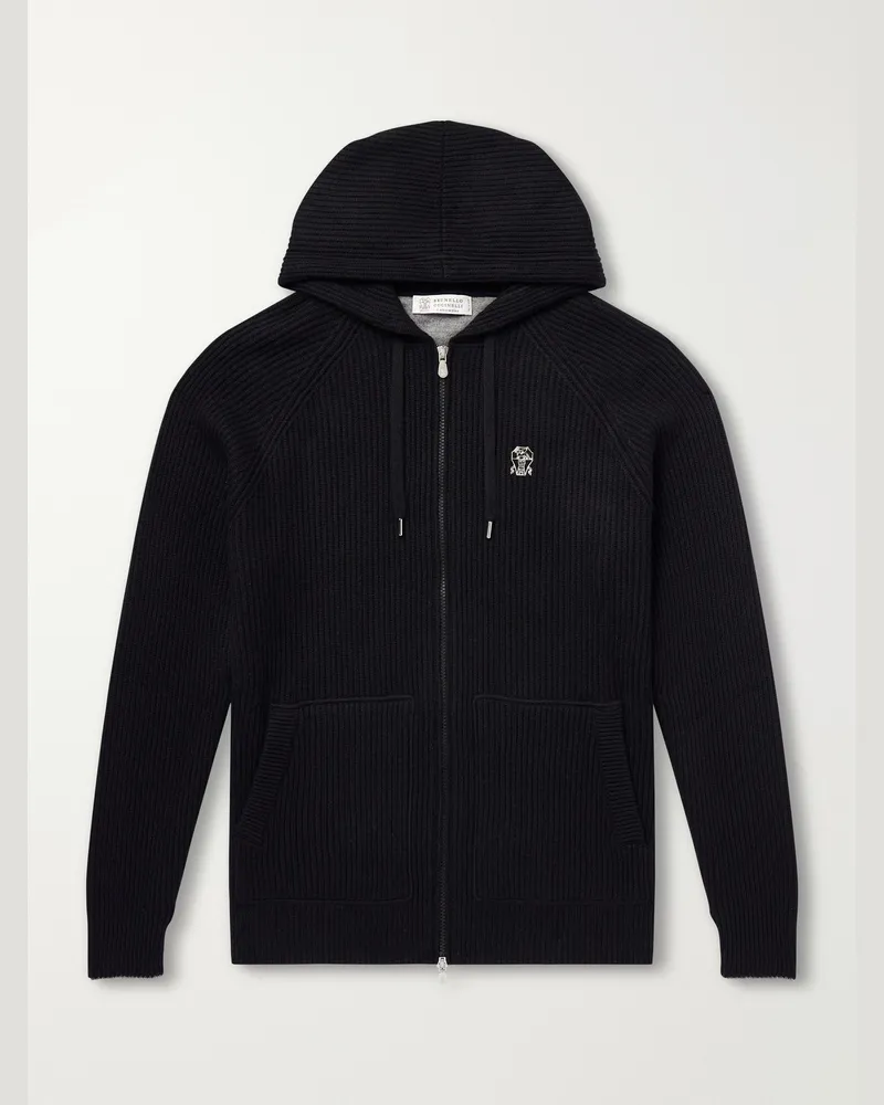Brunello Cucinelli Logo-Embroidered Ribbed Cashmere Zip-Up Hoodie Black