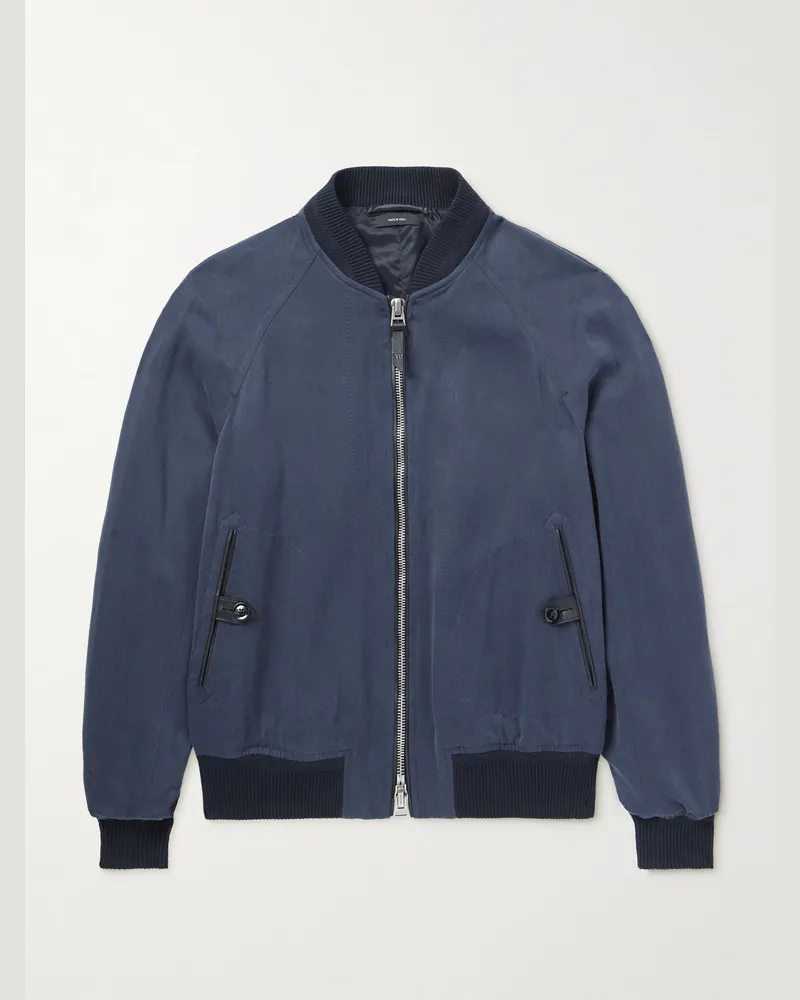 Tom Ford Bomberjacke aus Lyocell-Twill mit Lederbesatz Blau
