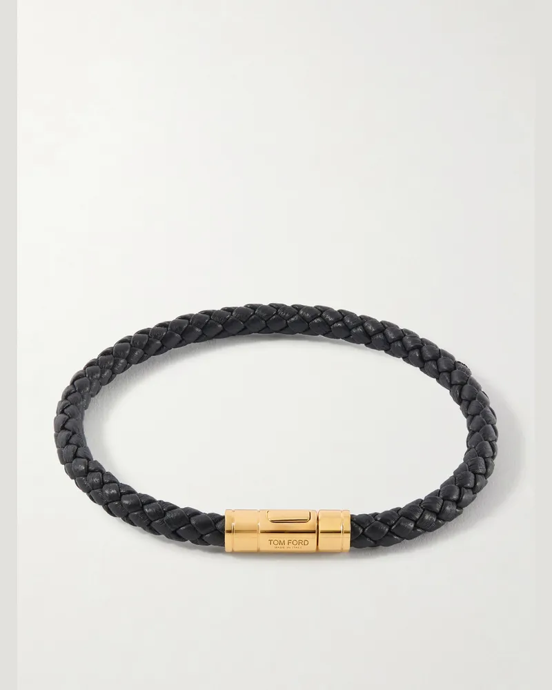 Tom Ford Gold-Tone and Woven Leather Bracelet Black