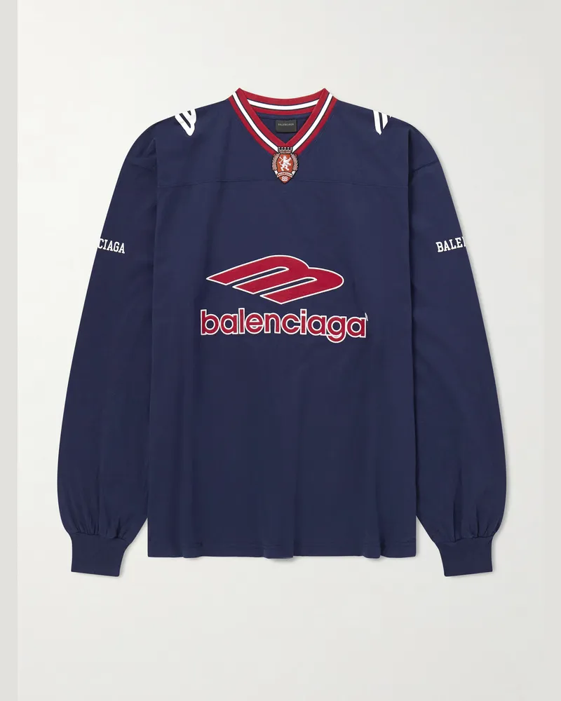 Balenciaga Oversized Appliquéd Printed Cotton-Jersey T-Shirt Blue