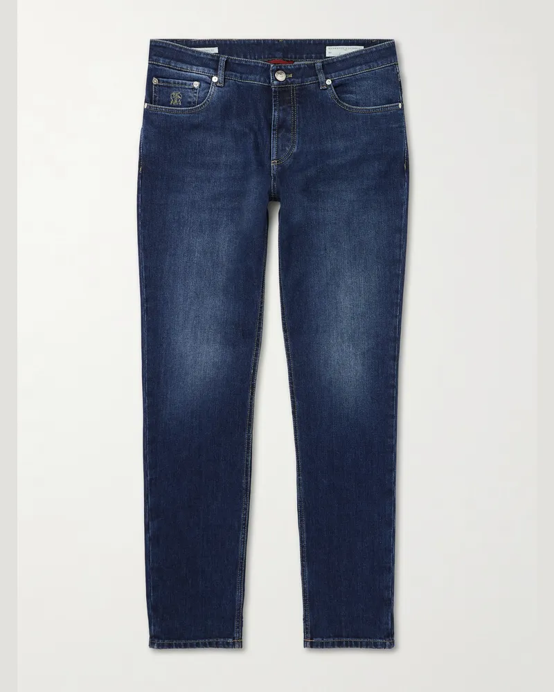 Brunello Cucinelli Slim-Fit Straight-Leg Logo-Embroidered Jeans Blue