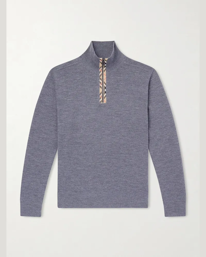 Burberry Checked Wool Half-Zip Sweater Gray