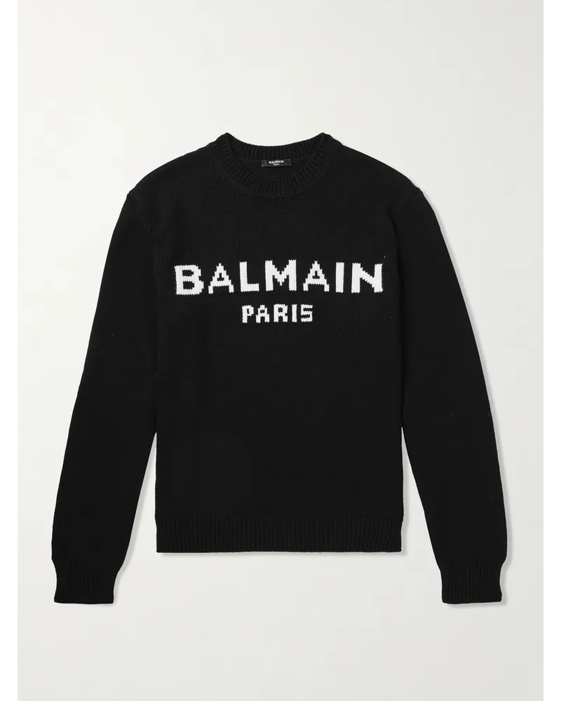 Balmain Pullover aus einer Wollmischung mit Intarsienlogomotiv Schwarz