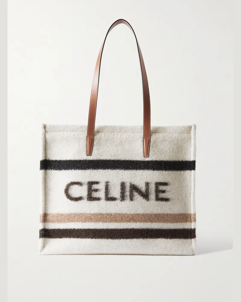 Celine Cabas Large Leather-Trimmed Striped Logo-Print Brushed-Knit Tote Bag Neutrals