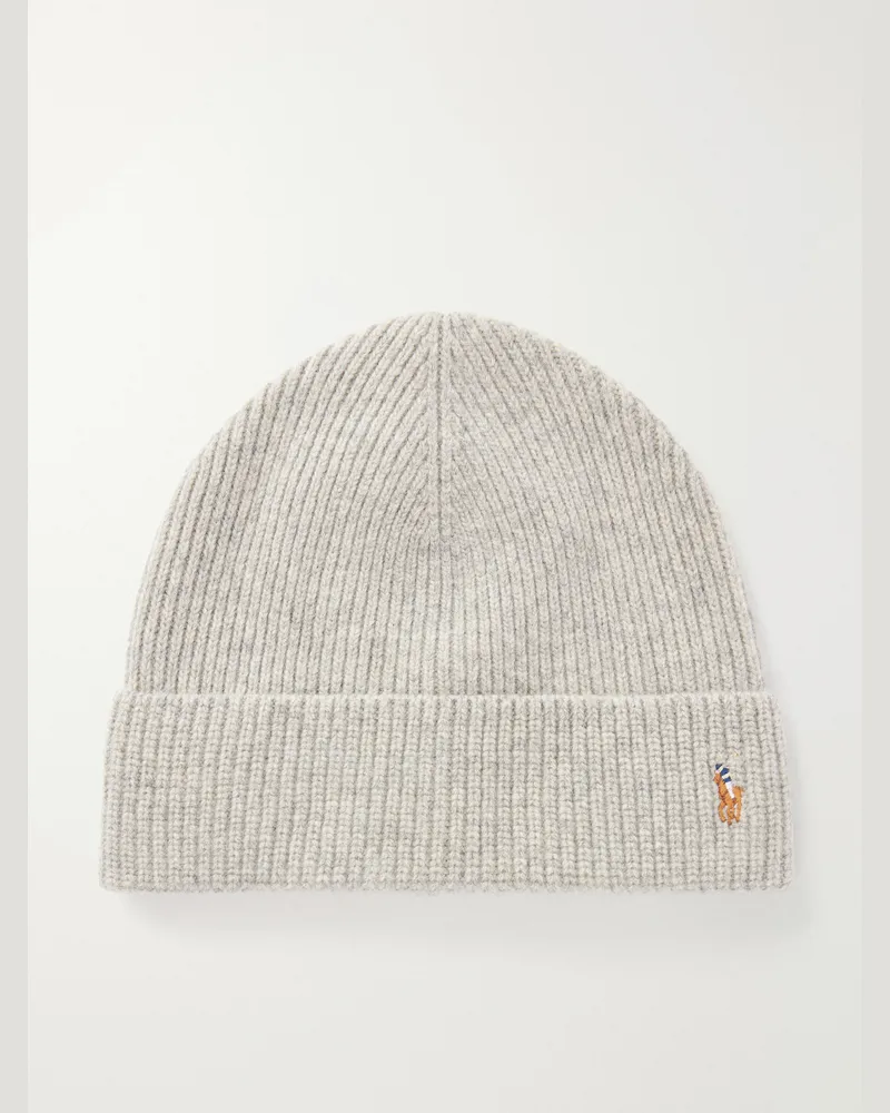 Ralph Lauren Logo-Embroidered Wool-Blend Beanie Gray