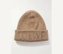 Beanie aus Wolle in Rippstrick mit Logostickerei
