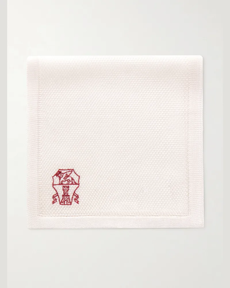 Brunello Cucinelli Logo-Embroidered Knitted Silk Pocket Square White