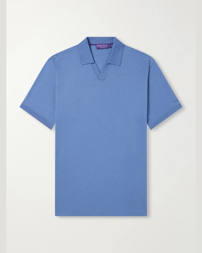 Ralph Lauren Johnny-Collar Cotton and Cashmere-Blend Piqué Polo Shirt Blue