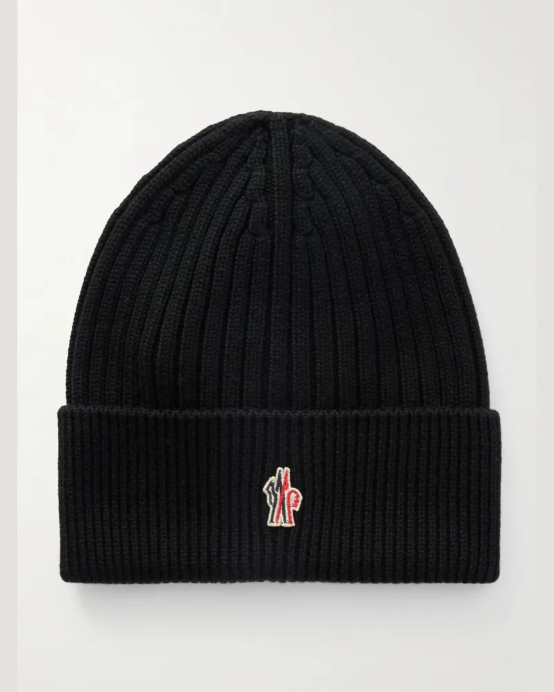 Moncler Beanie aus Schurwolle in Rippstrick mit Logoapplikation Schwarz
